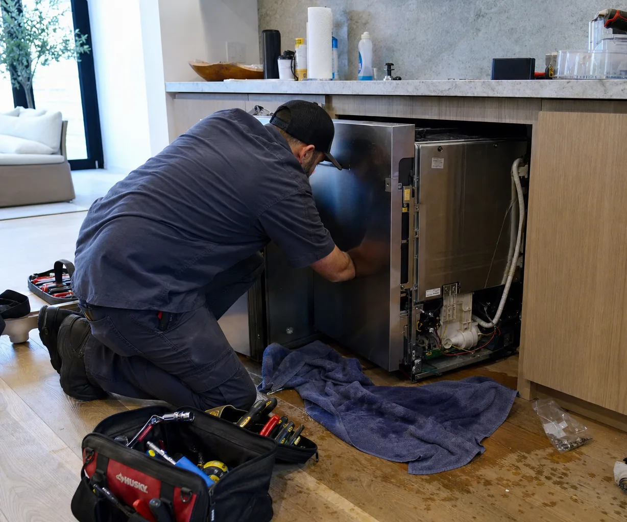 Technician servicing a built-in dishwasher on a same-day visit