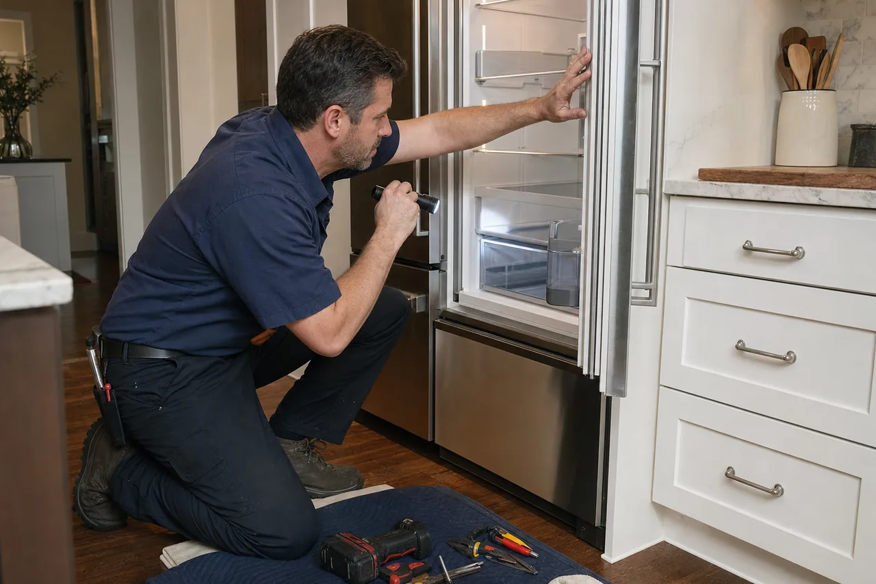 A professional-style range being serviced in a Garden City kitchen