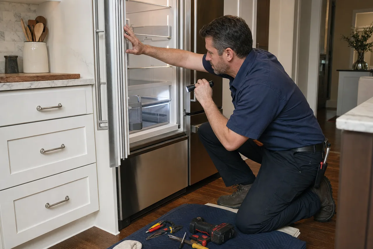 Technician repairing a built-in refrigerator up close