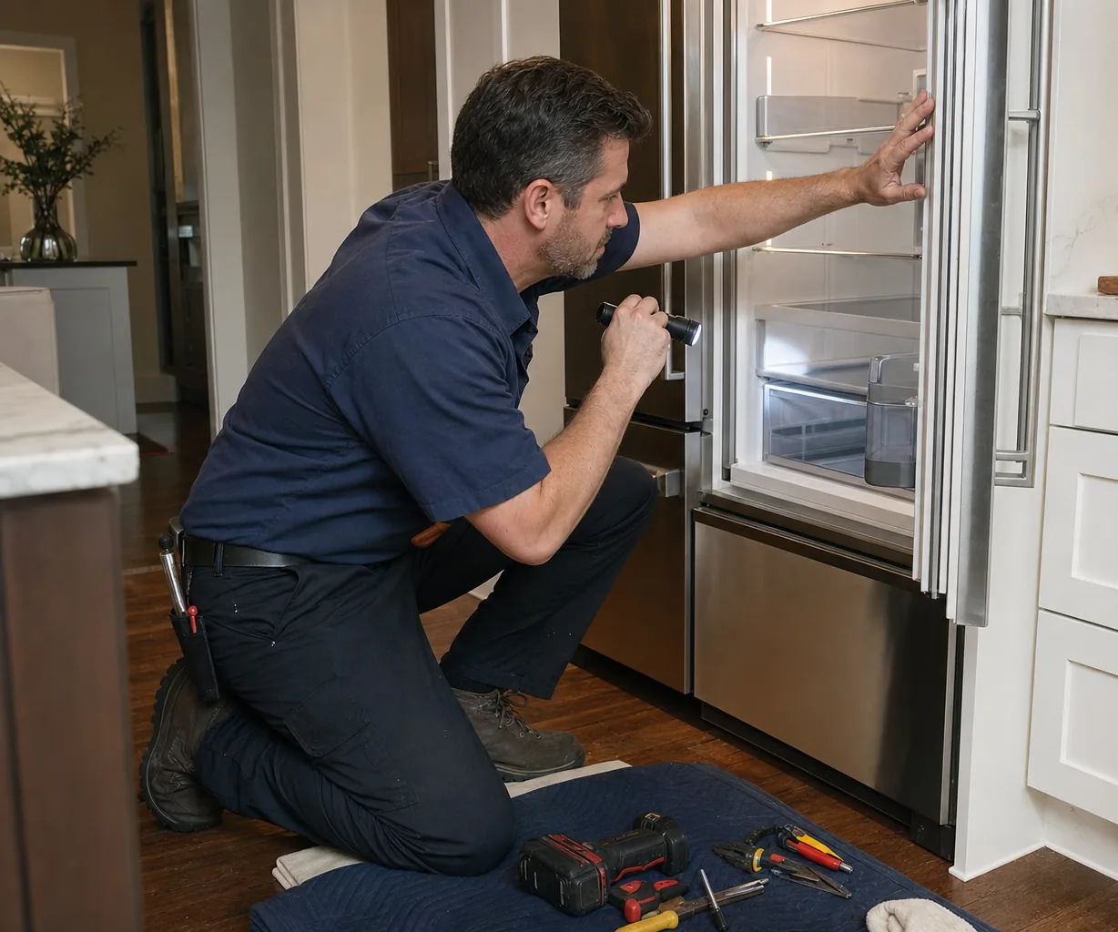 Technician repairing a built-in refrigerator up close