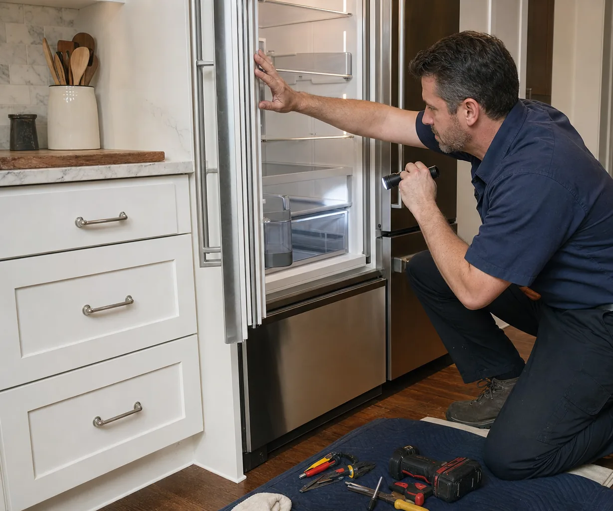 Technician repairing a built-in refrigerator mid-repair