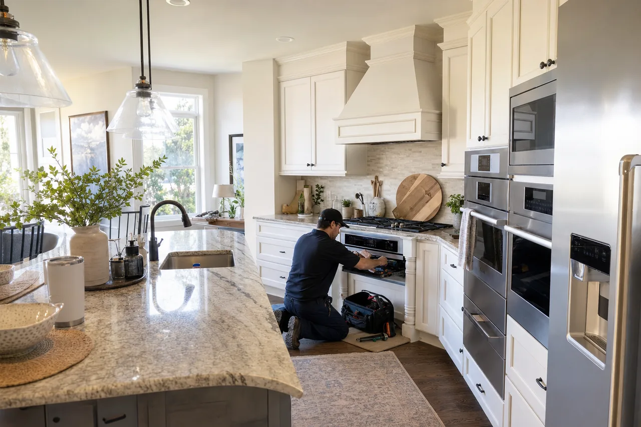A luxury kitchen with built-in stainless appliances mid-repair
