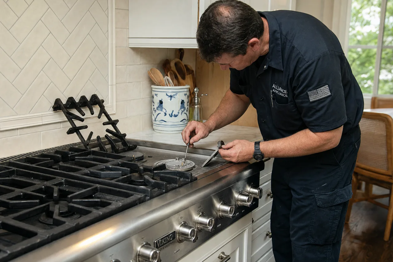 Technician servicing a stainless Viking range