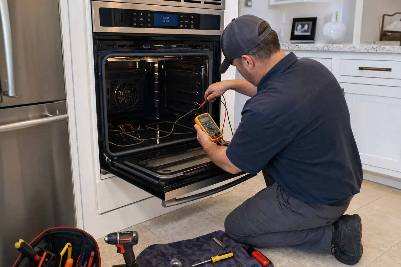 Technician servicing a built-in wall oven in a Garden City kitchen