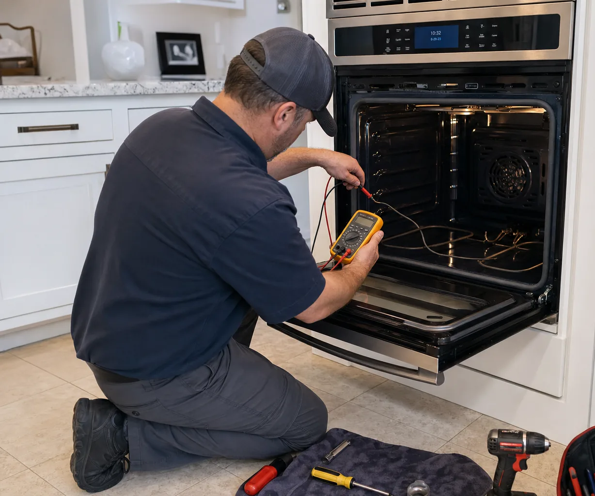 Technician servicing a built-in wall oven up close